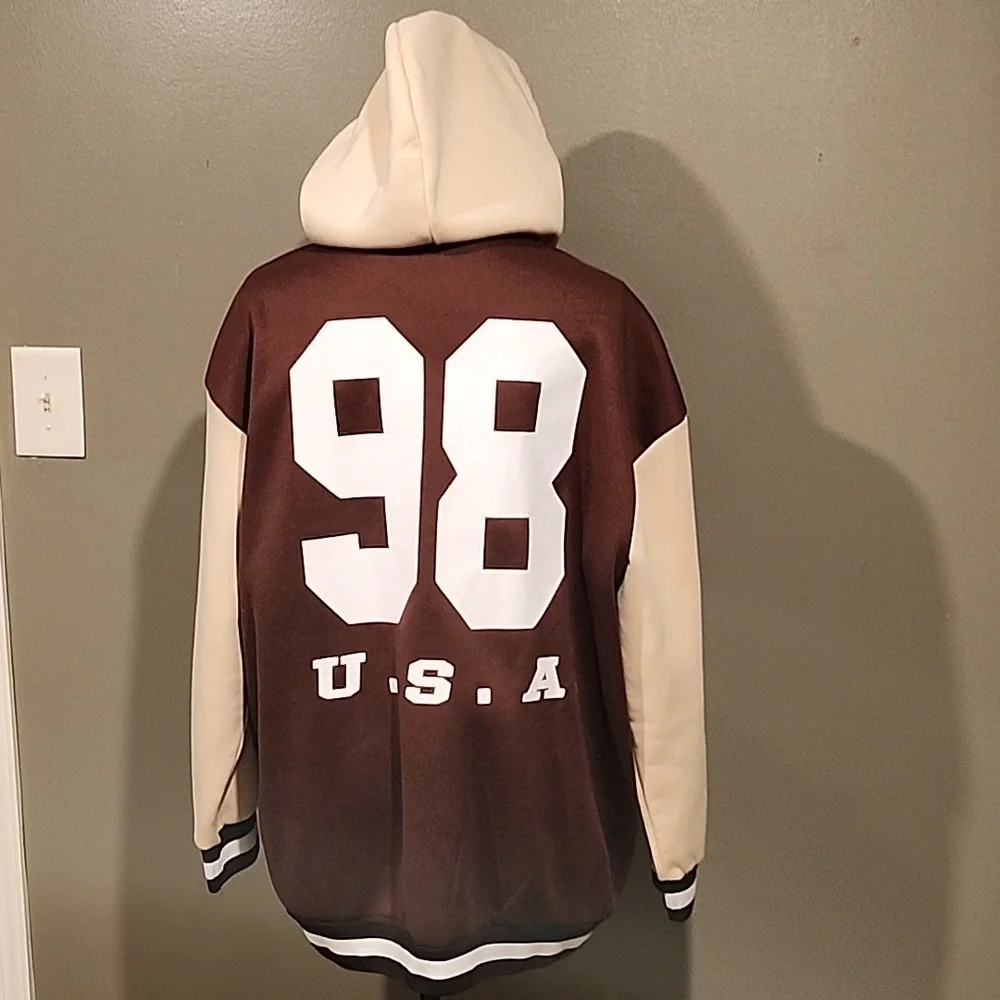 Brown and Cream Varsity Jacket with Hood - Picture 4 of 4